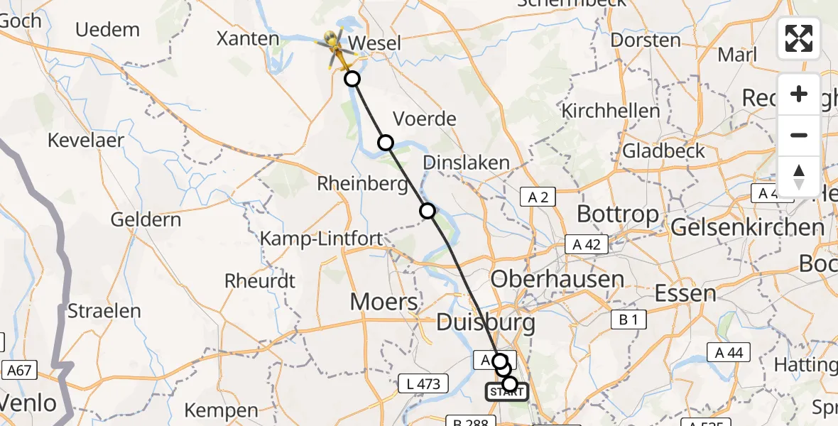 Flugroute Rettungshubschrauber Duisburg Air Rescue Hubschrauberlandeplatz (Christoph 9) - Wesel, 30 Mai 2026, 15:22
