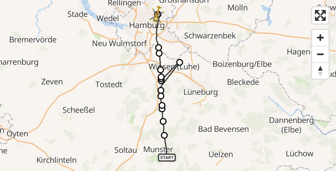 Flugroute Rettungshubschrauber Munster - Hamburg Military Hospital, 30 Mai 2026, 15:24
