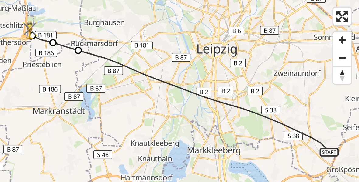 Flugroute Rettungshubschrauber Leipzig - ADAC Air Rescue Station Leipzig/Schkeuditz-Dölzig Hubschrauberlandeplatz (Christoph 61), 30 Mai 2026, 15:37