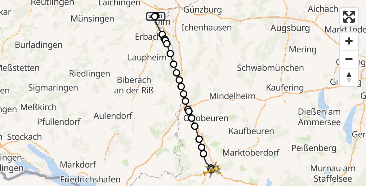 Flugroute Rettungshubschrauber Ulm Military Hospital Emergency - Kempten-Durach Flugplatz, 30 Mai 2026, 15:39