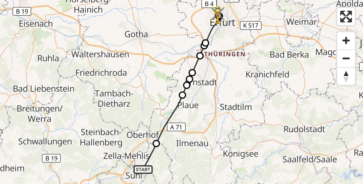 Flugroute Ambulanzhubschrauber Suhl - Helios Clinic Erfurt, 30 Mai 2026, 15:40