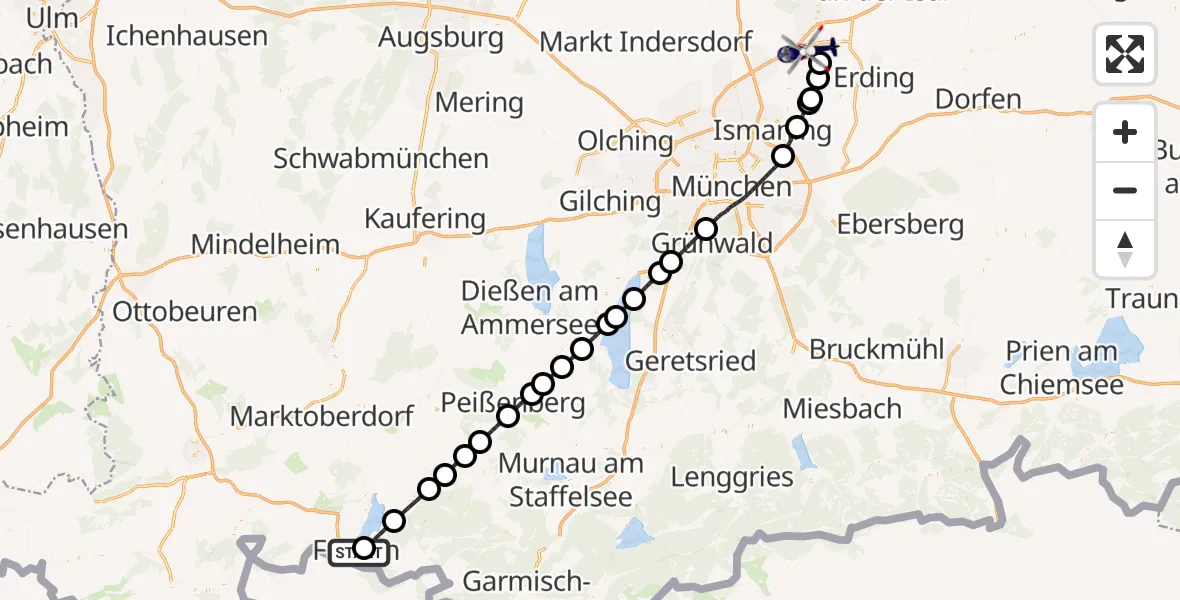 Flugroute Polizeihubschrauber Füssen - München Flughafen, 30 Mai 2026, 15:46