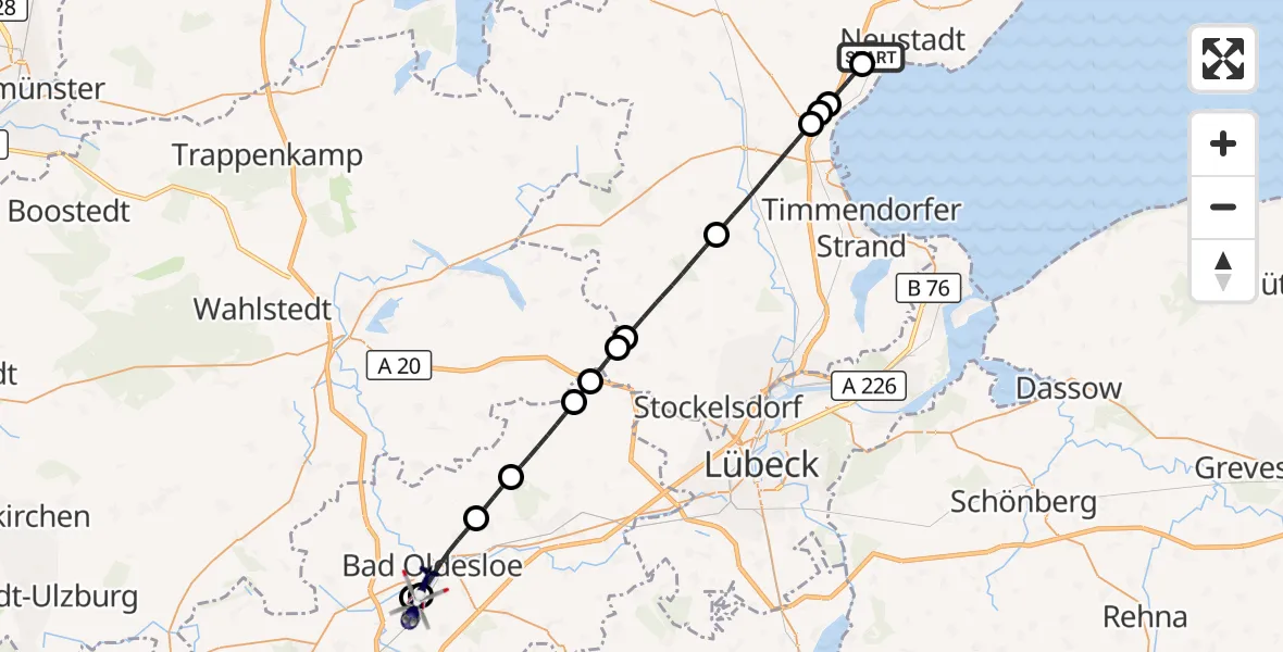 Flugroute Polizeihubschrauber Neustadt in Holstein - Bad Oldesloe, 30 Mai 2026, 15:48