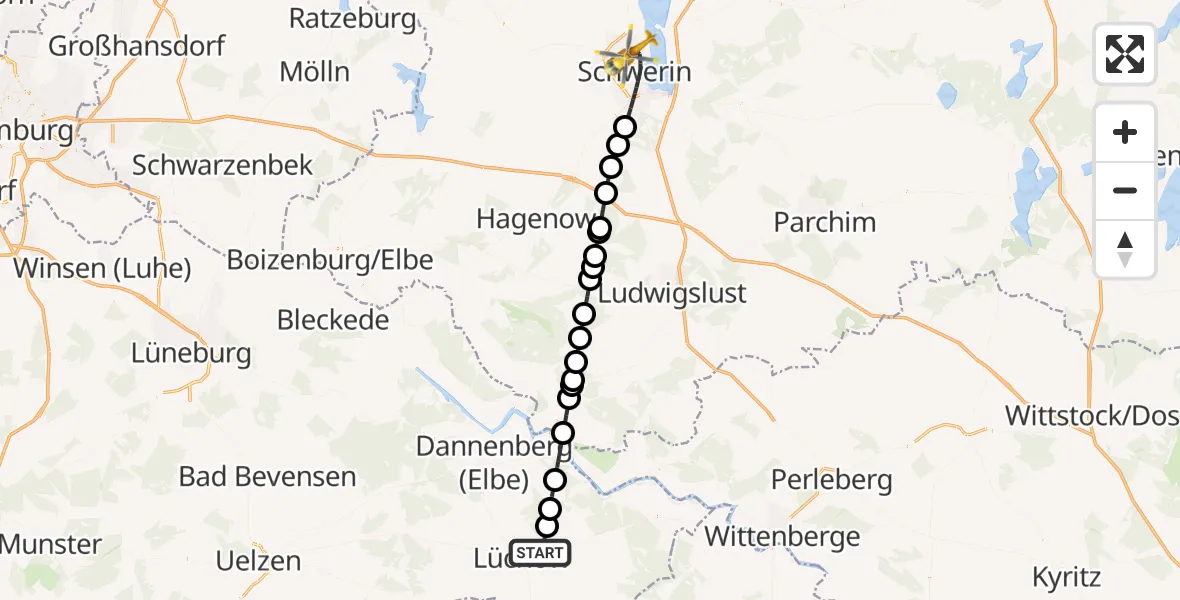 Flugroute Rettungshubschrauber Lüchow (Wendland) - Schwerin, 30 Mai 2026, 15:49
