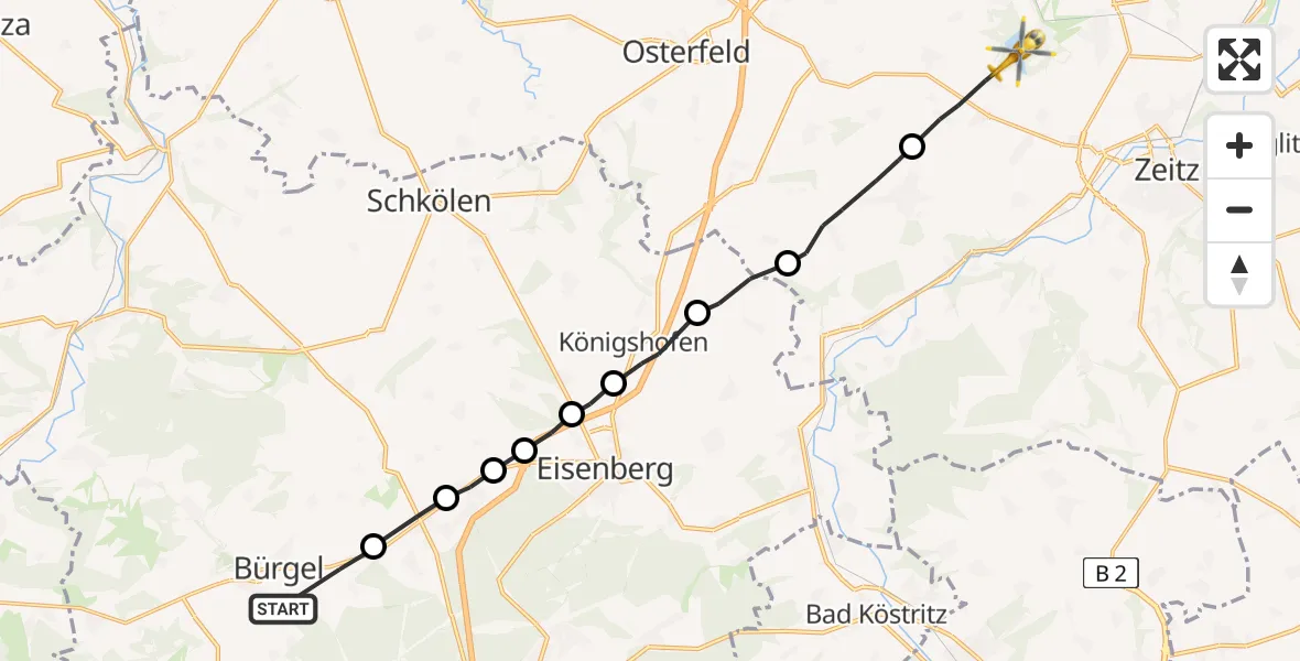 Flugroute Rettungshubschrauber Bürgel - Zeitz, 30 Mai 2026, 15:50
