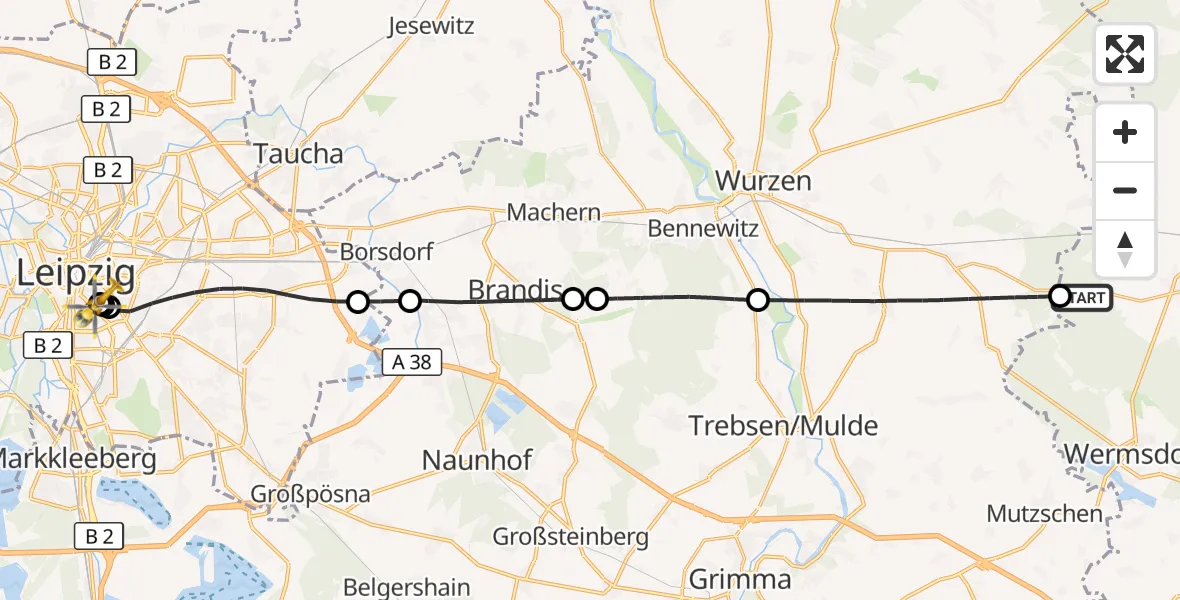Flugroute Rettungshubschrauber Wermsdorf - Leipzig University Hospital Heliport 1, 30 Mai 2026, 15:55