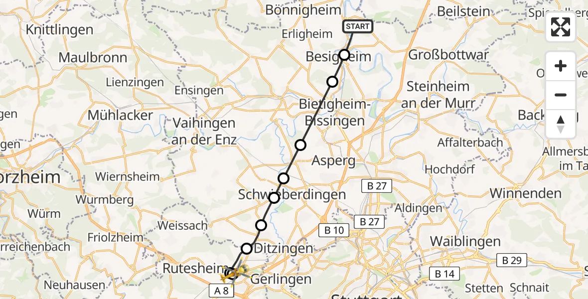 Flugroute Rettungshubschrauber Gemmrigheim - Leonberg Hospital, 30 Mai 2026, 15:58