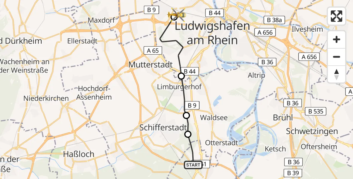Flugroute Rettungshubschrauber Speyer - Ludwigshafen Accident Hospital, 30 Mai 2026, 16:06
