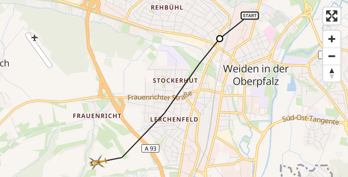 Flugroute Rettungshubschrauber Weiden Hospital - Weiden i.d.OPf., 30 Mai 2026, 16:07