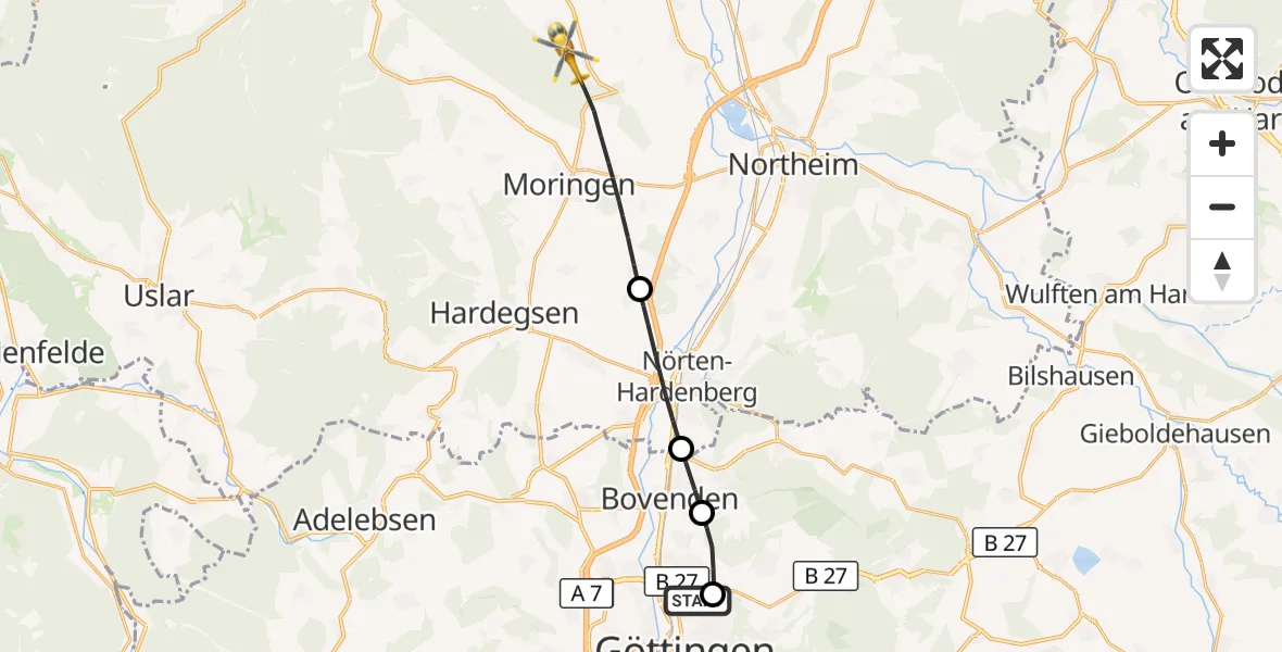 Flugroute Rettungshubschrauber Göttingen University Clinic Hubschrauberlandeplatz - Einbeck, 30 Mai 2026, 16:13