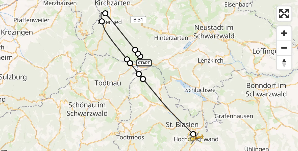Flugroute Rettungshubschrauber Feldberg (Schwarzwald) - Höchenschwand, 30 Mai 2026, 16:17