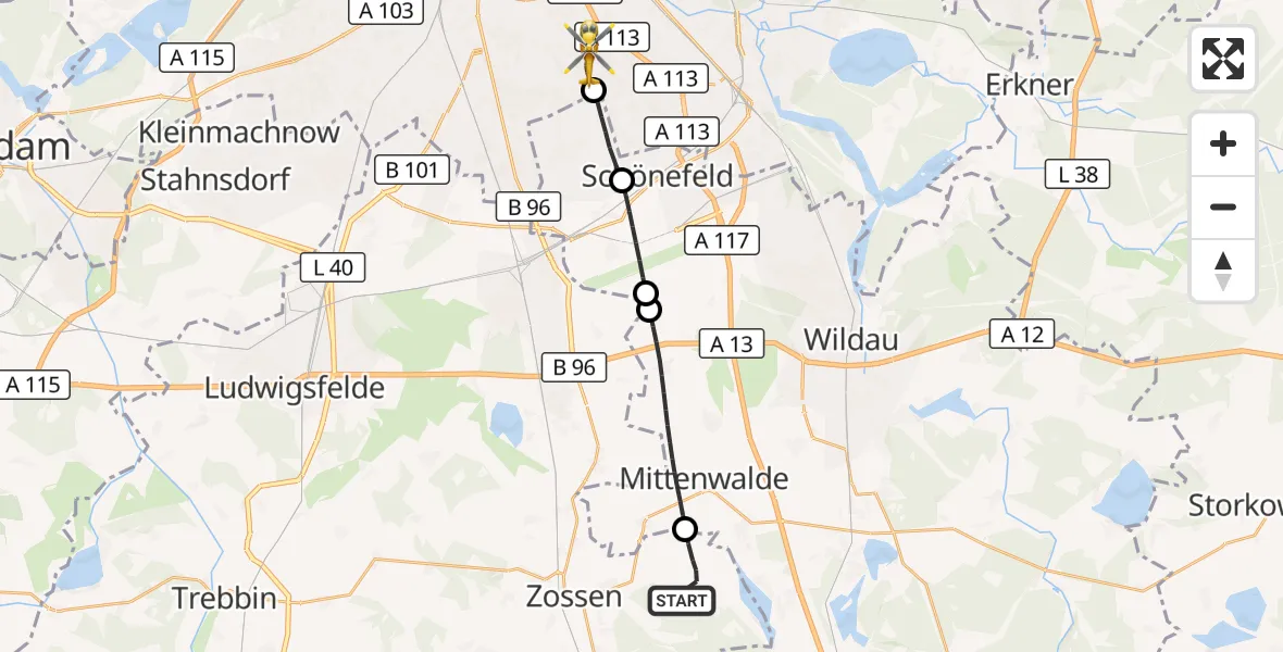 Flugroute Rettungshubschrauber Zossen - Berlin, 30 Mai 2026, 16:18