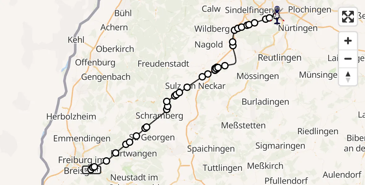 Flugroute Polizeihubschrauber Kirchzarten - Flughafen Stuttgart, 30 Mai 2026, 16:19