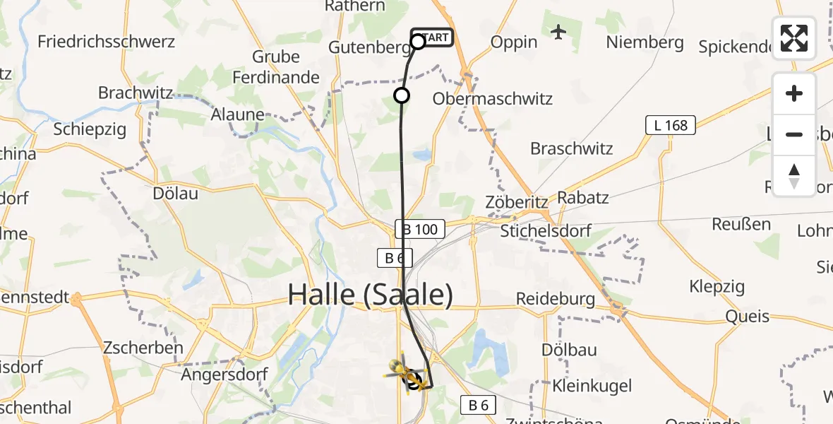 Flugroute Rettungshubschrauber Landsberg - BG Hospital Bergmannstrost Halle, 30 Mai 2026, 16:20