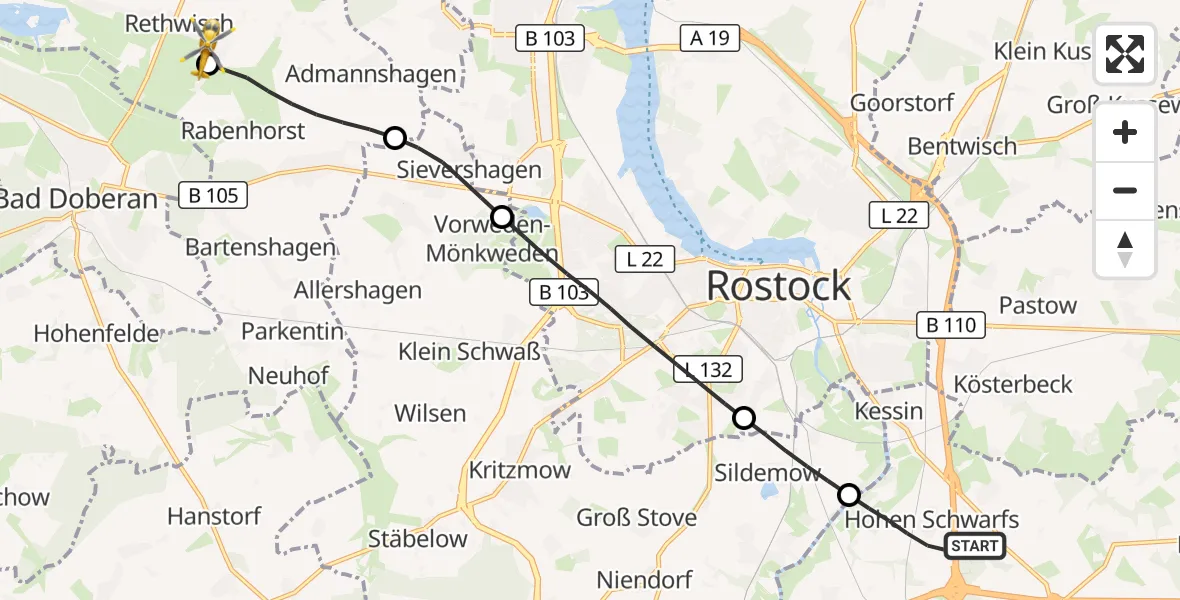 Flugroute Ambulanzhubschrauber Dummerstorf - Börgerende-Rethwisch, 30 Mai 2026, 16:25