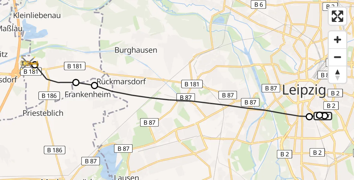 Flugroute Rettungshubschrauber Leipzig University Hospital Heliport 1 - ADAC Air Rescue Station Leipzig/Schkeuditz-Dölzig Hubschrauberlandeplatz (Christoph 61), 30 Mai 2026, 16:28