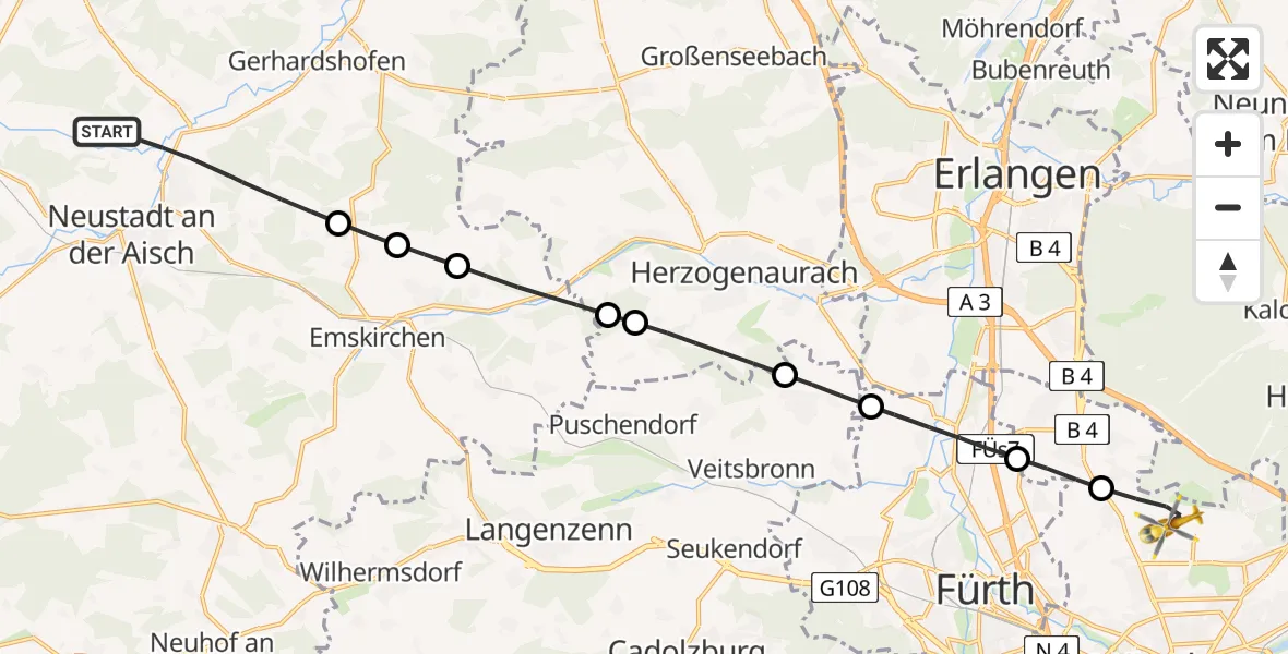 Flugroute Ambulanzhubschrauber Diespeck - Flughafen Nuremberg, 30 Mai 2026, 16:30
