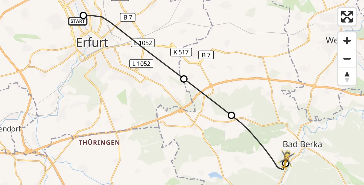 Flugroute Ambulanzhubschrauber Helios Clinic Erfurt - DRF Rettungsstation Bad Berka Hubschrauberlandeplatz, 30 Mai 2026, 16:34