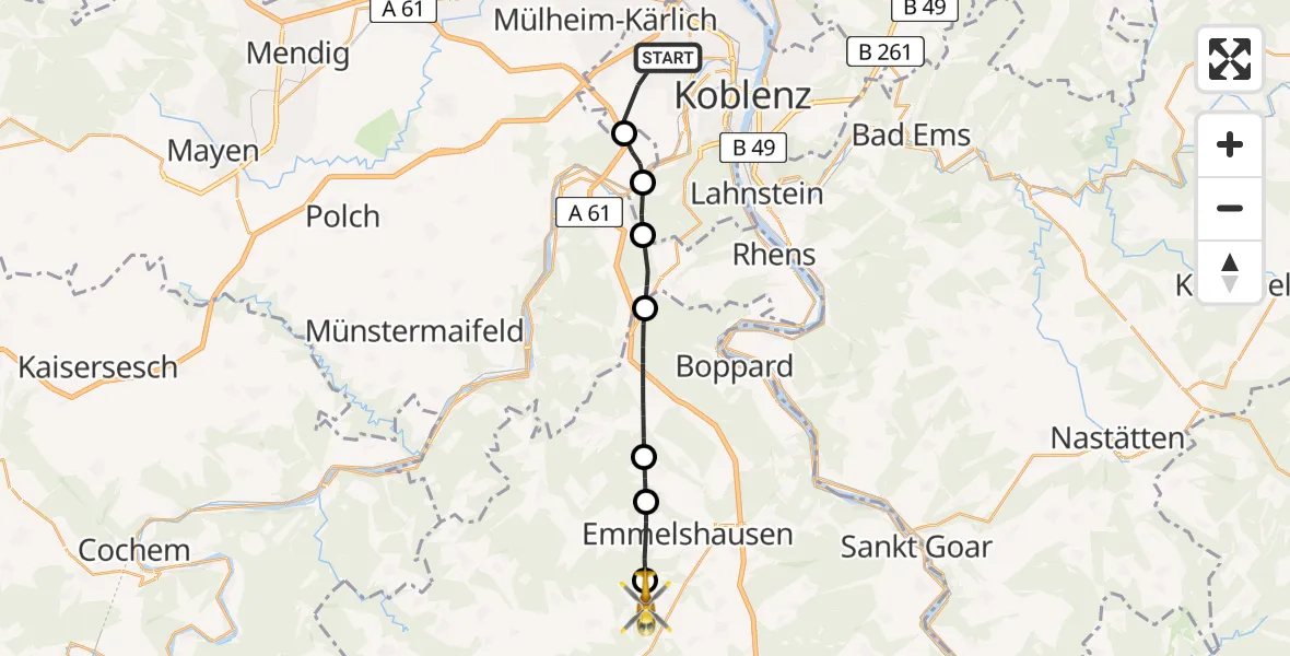 Flugroute Rettungshubschrauber Koblenz - Bickenbach, 30 Mai 2026, 16:41