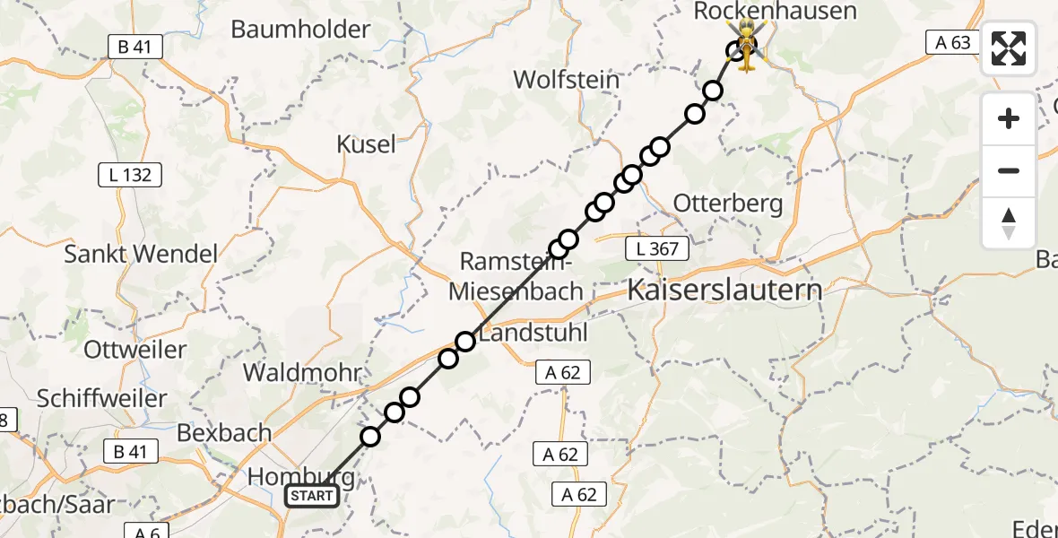 Flugroute Rettungshubschrauber Homburg - Imsweiler UL, 30 Mai 2026, 16:46