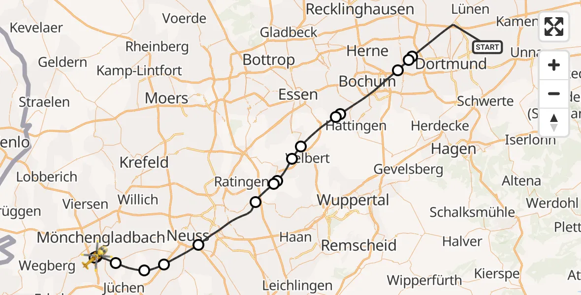 Flugroute Rettungshubschrauber Dortmund - Elisabeth Hospital Rheydt, 30 Mai 2026, 16:49