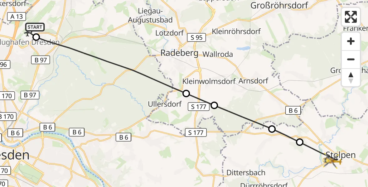 Flugroute Rettungshubschrauber Dresden Flughafen - Stolpen, 30 Mai 2026, 16:49