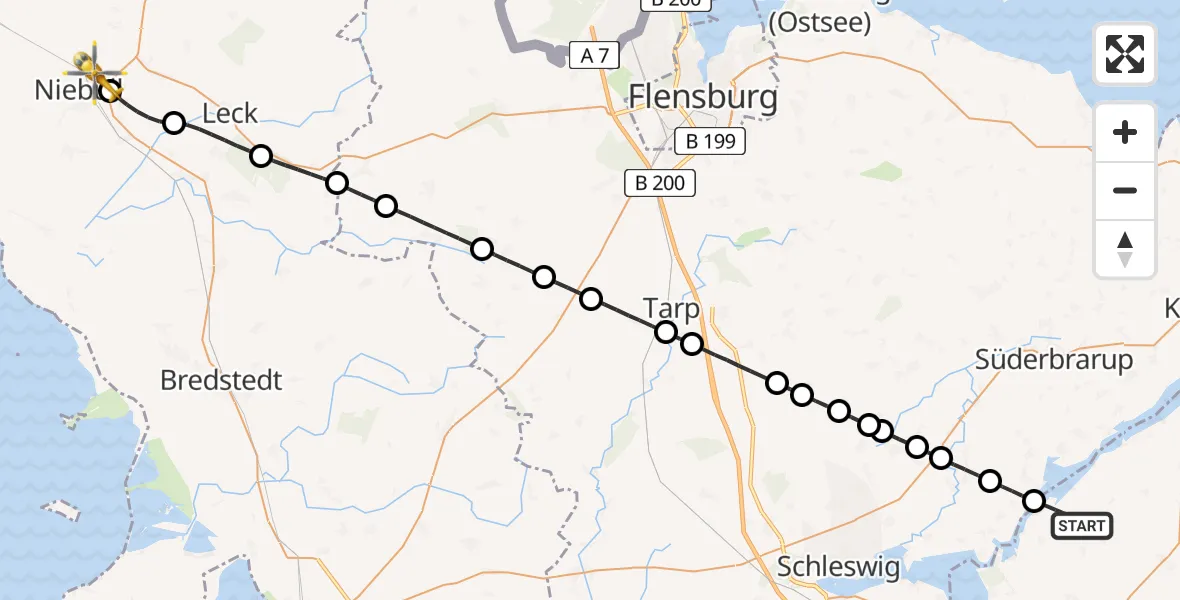 Flugroute Rettungshubschrauber Rieseby - Niebüll, 30 Mai 2026, 16:52