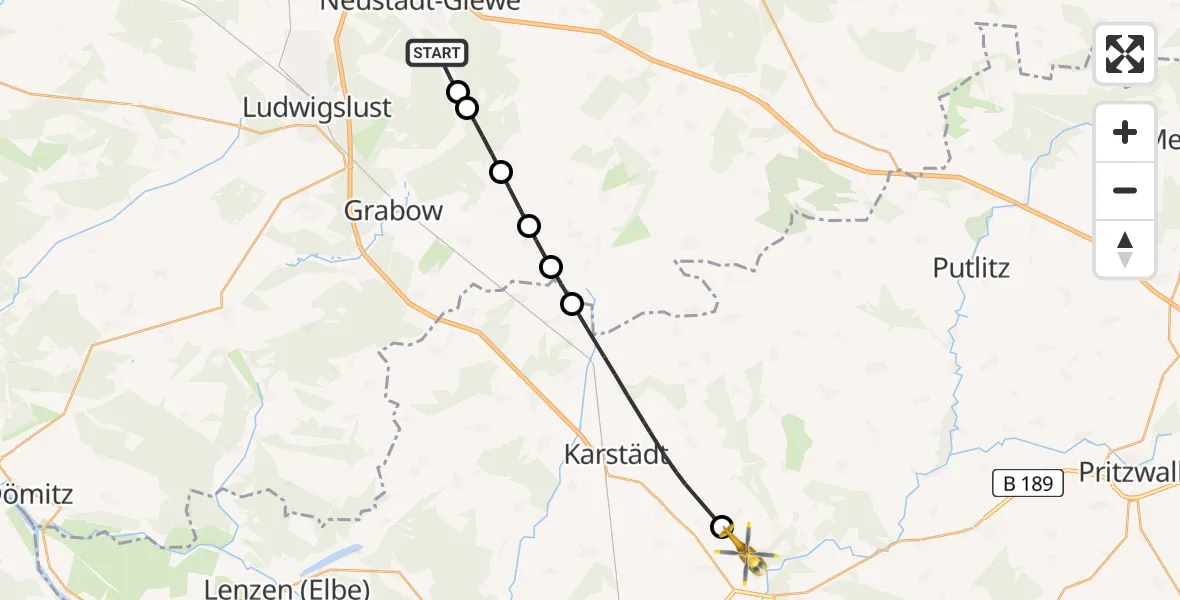 Flugroute Rettungshubschrauber Blievenstorf - Perleberg, 30 Mai 2026, 16:55