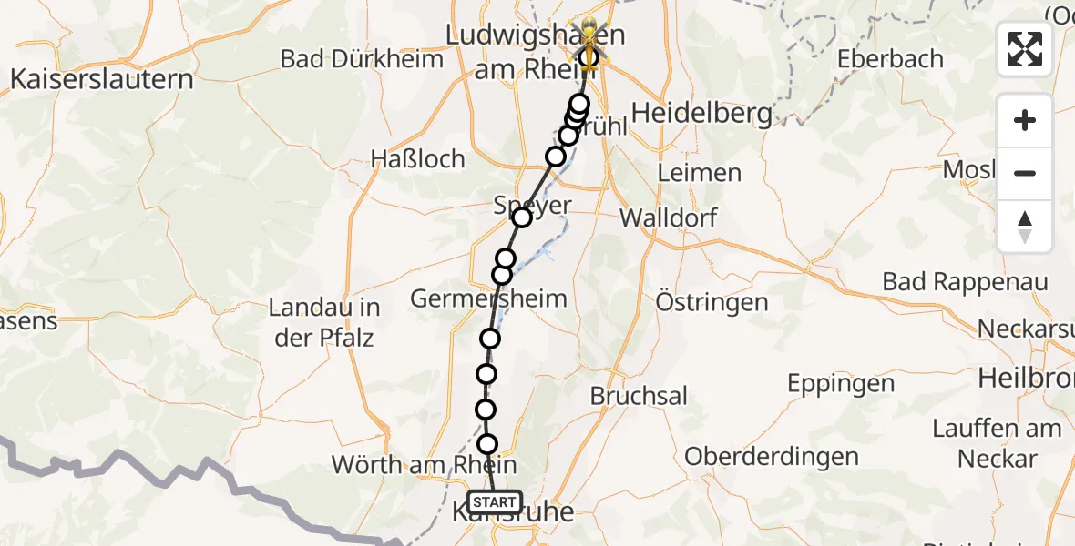 Flugroute Rettungshubschrauber Karlsruhe - Mannheim-City Flughafen, 30 Mai 2026, 17:02
