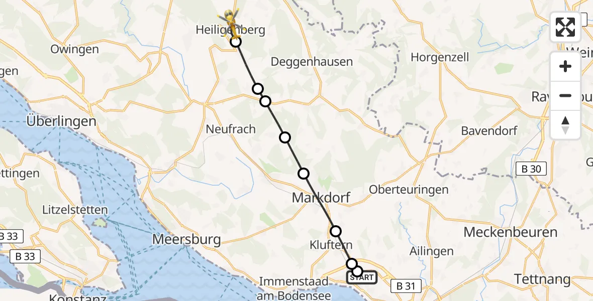 Flugroute Rettungshubschrauber Friedrichshafen Hospital - Heiligenberg, 30 Mai 2026, 17:10
