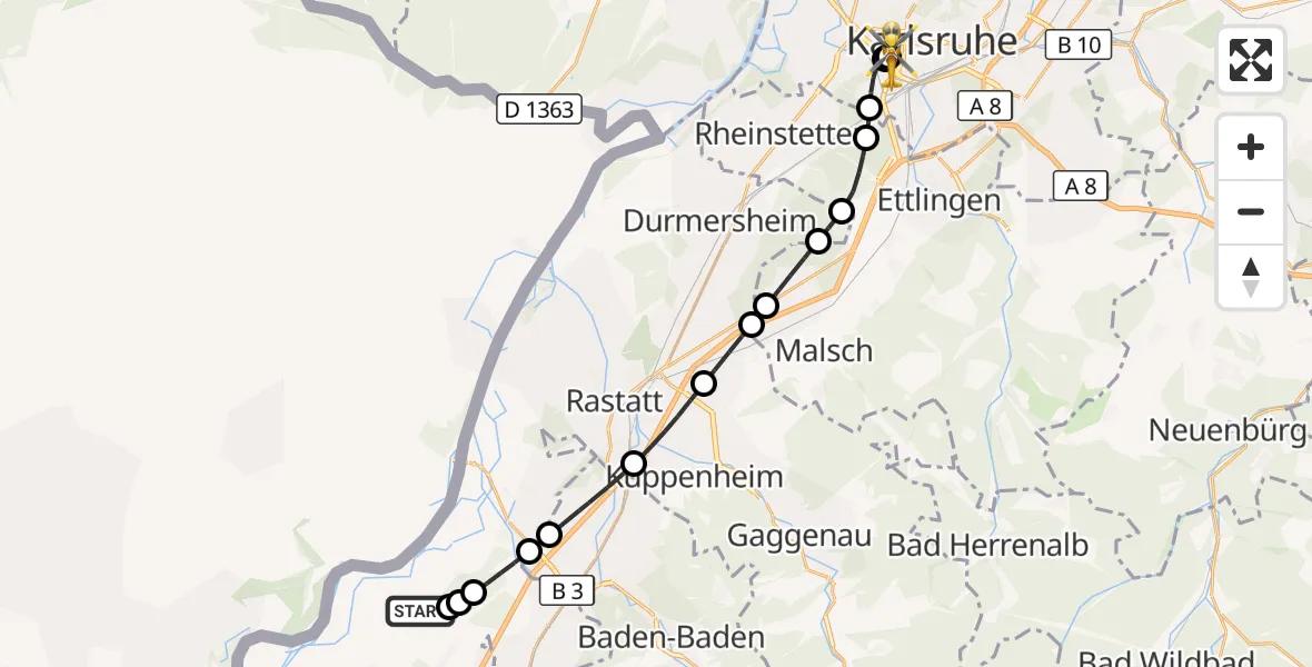 Flugroute Ambulanzhubschrauber Karlsruhe Baden-Baden Flughafen - Sankt Vincentius Hospital, 30 Mai 2026, 17:12