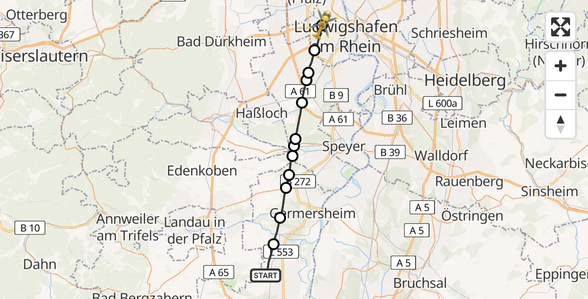 Flugroute Rettungshubschrauber Rülzheim - Ludwigshafen Accident Hospital, 30 Mai 2026, 17:23