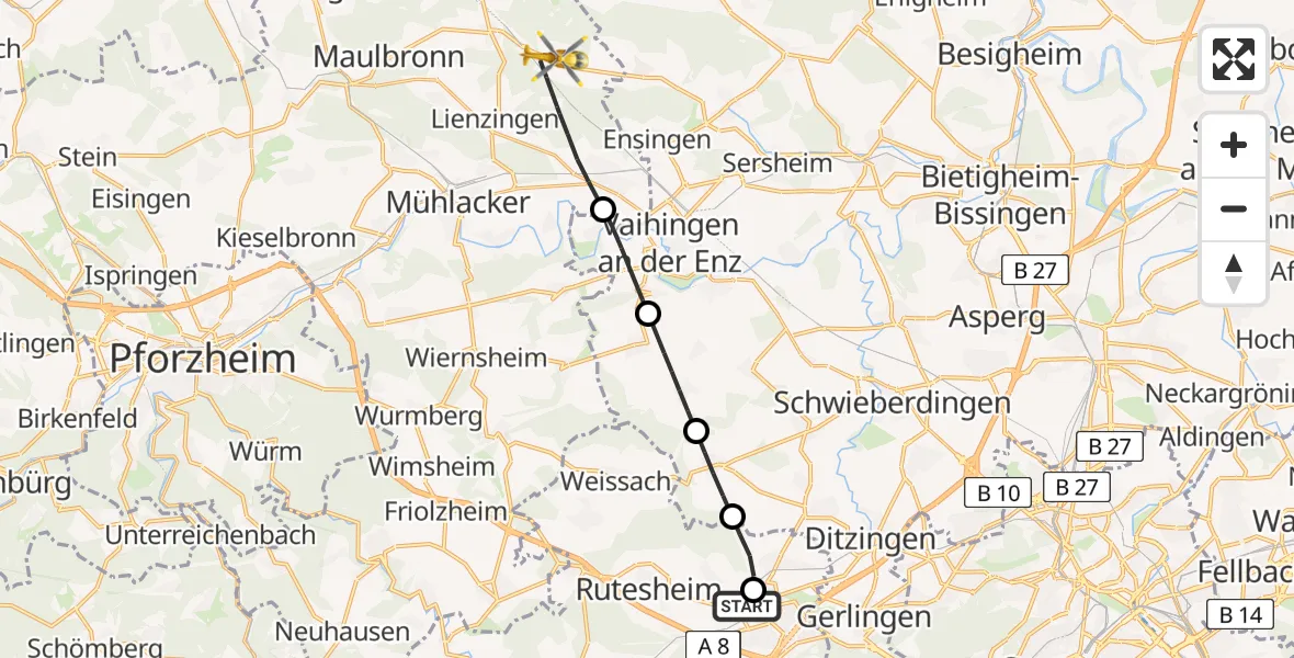 Flugroute Rettungshubschrauber Leonberg Hospital - Illingen, 30 Mai 2026, 17:28