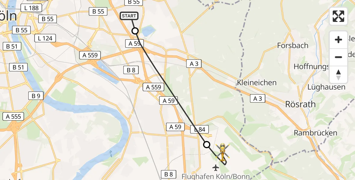 Flugroute Rettungshubschrauber Merheim Hospital - Köln Bonn Flughafen, 30 Mai 2026, 17:31