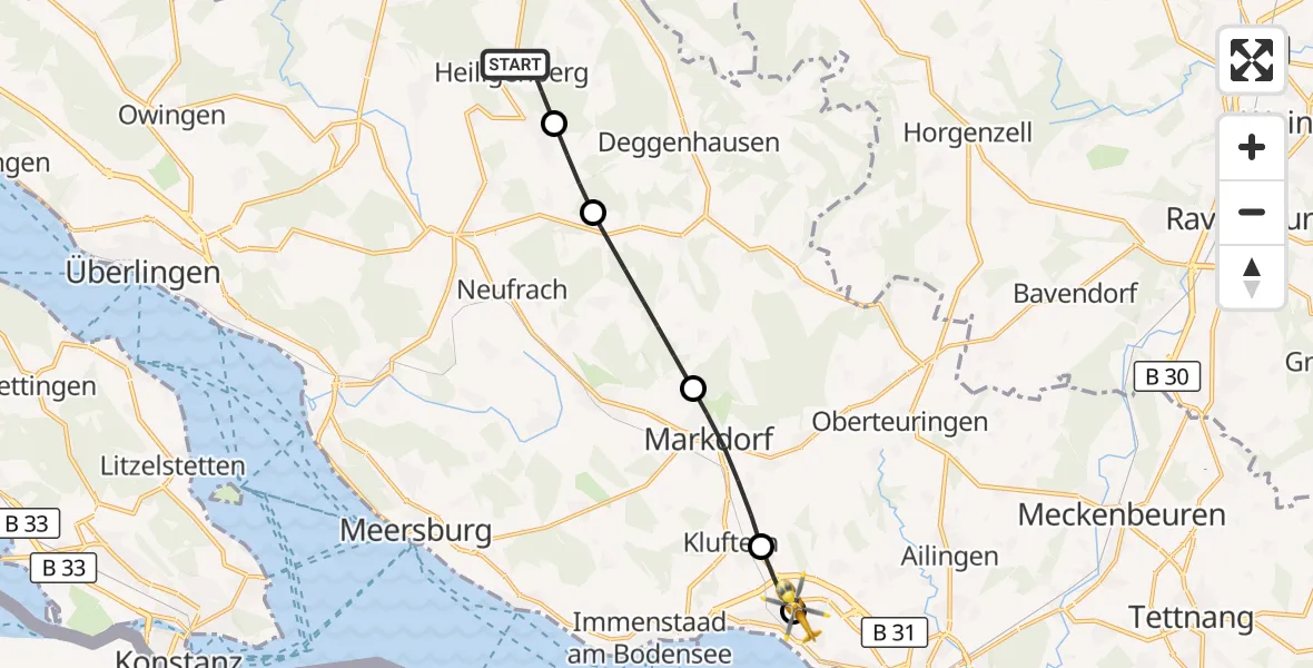 Flugroute Rettungshubschrauber Heiligenberg - Friedrichshafen Hospital, 30 Mai 2026, 17:34