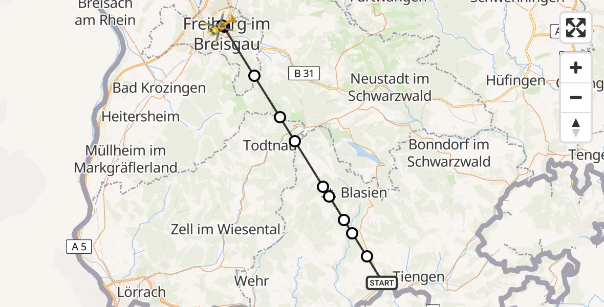 Flugroute Rettungshubschrauber Waldshut-Tiengen - Freiburg University Hospital Heliport 1, 30 Mai 2026, 17:35