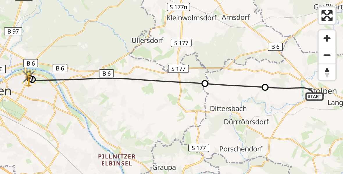 Flugroute Rettungshubschrauber Stolpen - Dresden University Hospital, 30 Mai 2026, 17:36