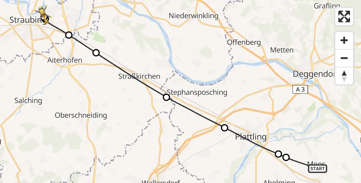 Flugroute Rettungshubschrauber Moos - Sankt Elisabeth Hospital Straubing, 30 Mai 2026, 17:48
