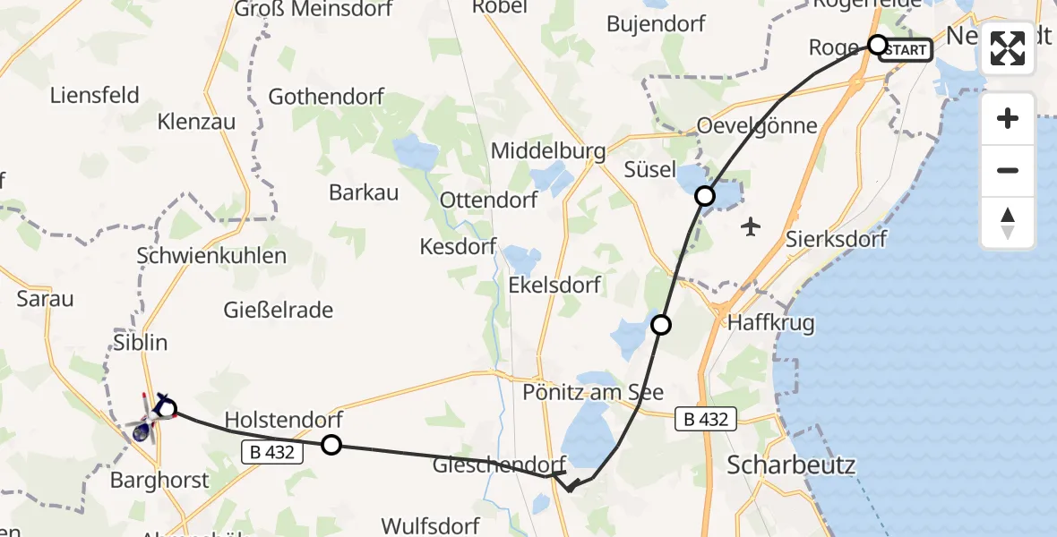 Flugroute Polizeihubschrauber Neustadt in Holstein - Christoph 12 Luftrettungszentrum, 30 Mai 2026, 17:52