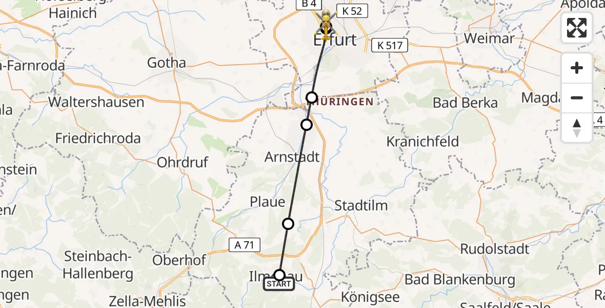 Flugroute Rettungshubschrauber Ilm-Kreis-Kliniken Arnstadt-Ilmenau Hubschrauberlandeplatz - Helios Clinic Erfurt, 30 Mai 2026, 17:54