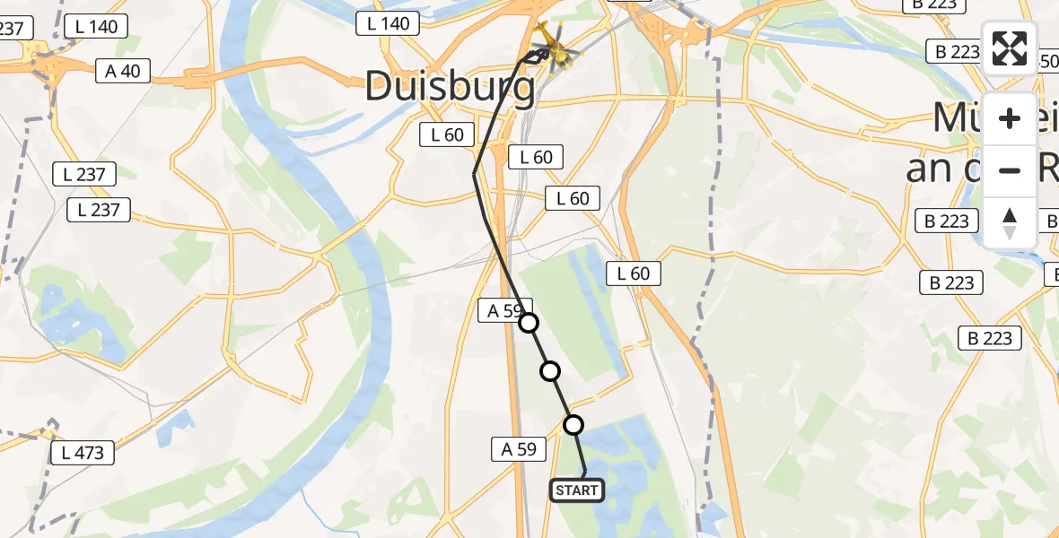 Flugroute Rettungshubschrauber Duisburg Air Rescue Hubschrauberlandeplatz (Christoph 9) - Duisburg, 30 Mai 2026, 17:56