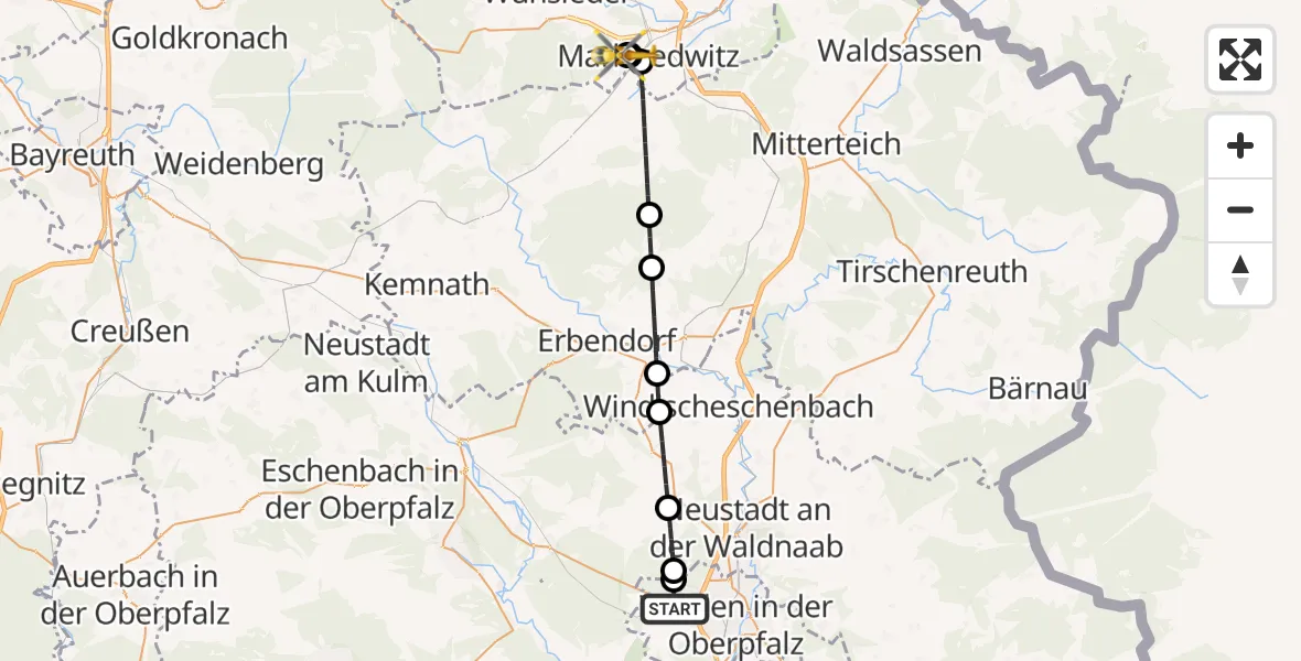 Flugroute Rettungshubschrauber Weiden i.d.OPf. - Fichtelgebirge Hospital Marktredwitz, 30 Mai 2026, 18:04