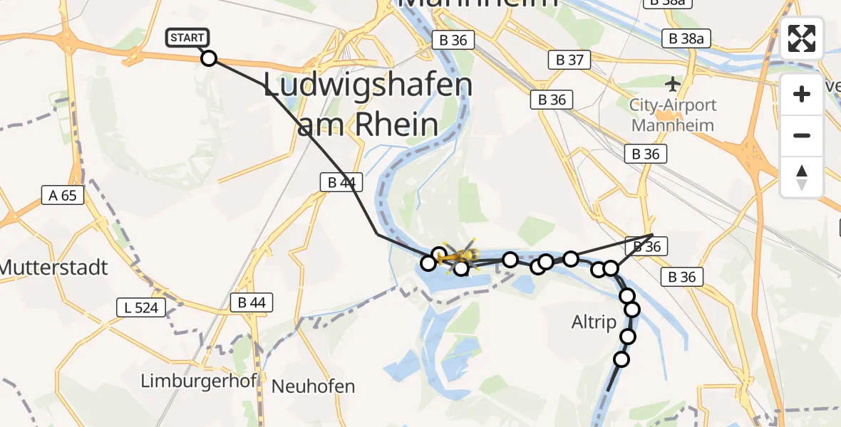 Flugroute Rettungshubschrauber Ludwigshafen Accident Hospital - Mannheim, 30 Mai 2026, 18:07
