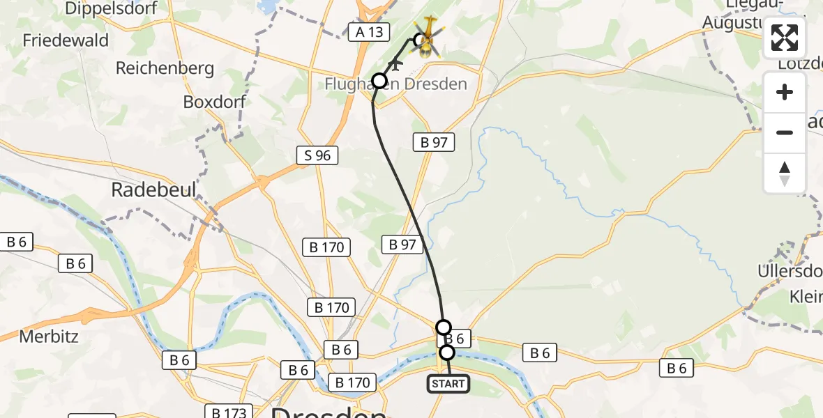 Flugroute Rettungshubschrauber Dresden University Hospital - Dresden Bundespolizei Hubschrauberlandeplatz, 30 Mai 2026, 18:08