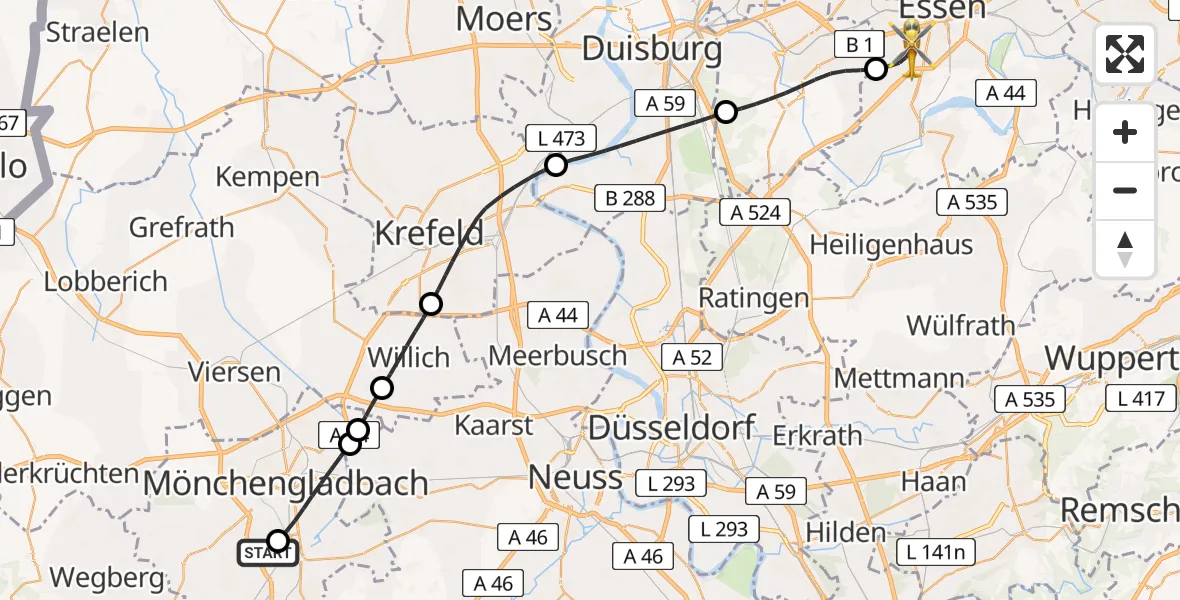 Flugroute Rettungshubschrauber Elisabeth Hospital Rheydt - Essen, 30 Mai 2026, 18:09
