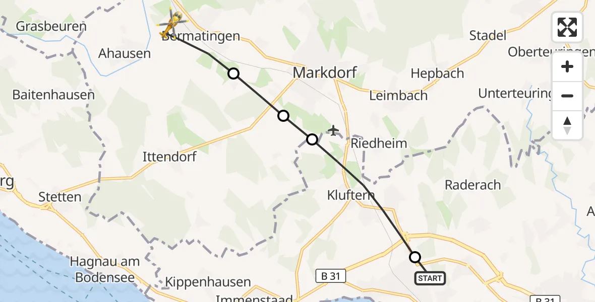 Flugroute Rettungshubschrauber Friedrichshafen Hospital - Bermatingen, 30 Mai 2026, 18:12