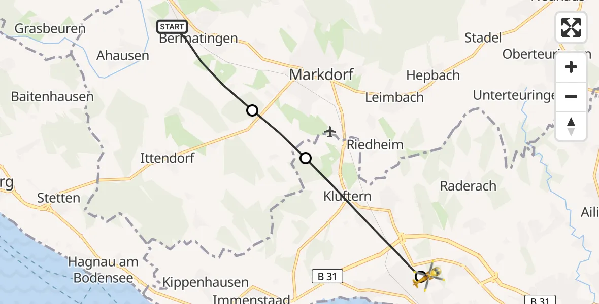 Flugroute Rettungshubschrauber Bermatingen - Friedrichshafen Hospital, 30 Mai 2026, 18:29