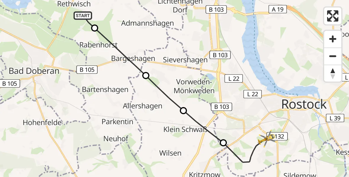 Flugroute Ambulanzhubschrauber Börgerende-Rethwisch - Rostock, 30 Mai 2026, 18:29
