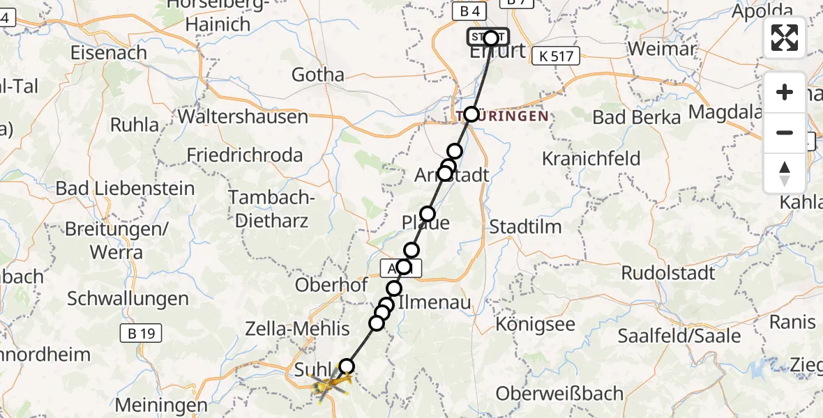 Flugroute Rettungshubschrauber Helios Clinic Erfurt - Schleusingen, 30 Mai 2026, 18:34
