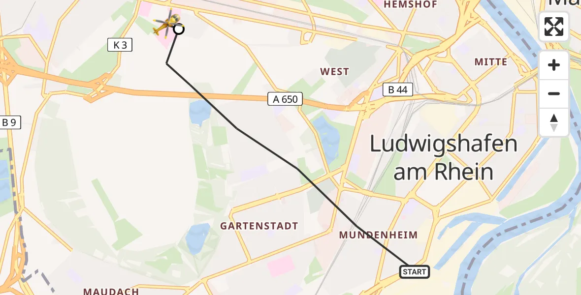 Flugroute Rettungshubschrauber Ludwigshafen am Rhein - Ludwigshafen Accident Hospital, 30 Mai 2026, 18:36
